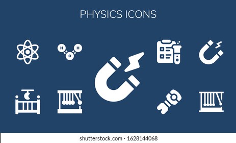 Modern Simple Set of physics Vector filled Icons. Contains such as Magnetism, Newton cradle, Molecule, Cradle, Atom, Momentum and more Fully Editable and Pixel Perfect icons.