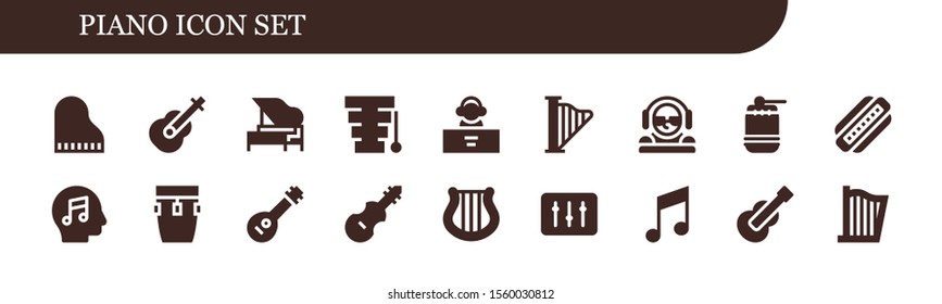 Modern Simple Set of piano Vector filled Icons. Contains such as Piano, Guitar, Xylophone, DJ, Harp, Drum, Harmonica, Music, Conga and more Fully Editable and Pixel Perfect icons.