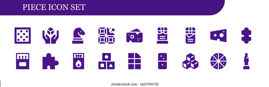 Modern Simple Set of piece Vector filled Icons. Contains such as Chess board, Cube, Chess, Chocolate, Cheese, Puzzle, Matches and more Fully Editable and Pixel Perfect icons.