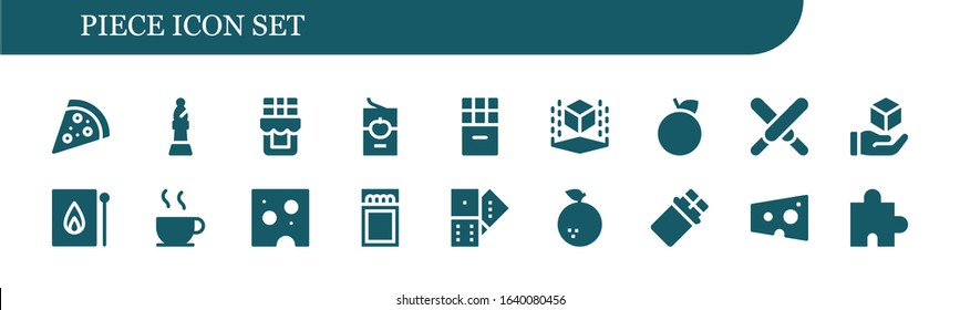 Modern Simple Set of piece Vector filled Icons. Contains such as Pizza, Bishop, Chocolate, Tomato sauce, Cube, Orange, Match, Cheese and more Fully Editable and Pixel Perfect icons.