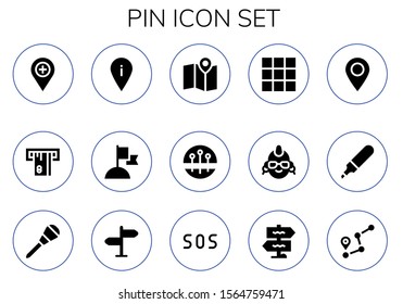 Modern Simple Set of pin Vector filled Icons. Contains such as Placeholder, Atm, Flag, Maps, Pins, Keypad, Punk, Marker, Awl, Signpost and more Fully Editable and Pixel Perfect icons.