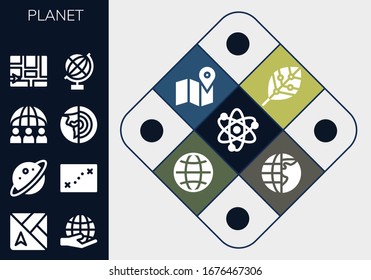 Modern Simple Set of planet Vector filled Icons. Contains such as Solar system, Map, Worldwide, Planet, Planet earth, Globe, Renewable energy and more Fully Editable and Pixel Perfect icons.