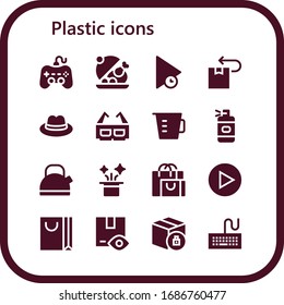Modern Simple Set of plastic Vector filled Icons. Contains such as Play, Salver, Package, Hat, 3d glasses, Measuring cup, Spray bottle and more Fully Editable and Pixel Perfect icons.