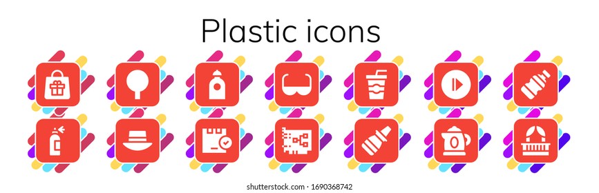 Modern Simple Set of plastic Vector filled Icons. Contains such as Bag, Spray bottle, Package, Hat, Water, Sun glasses, Card, Soda and more Fully Editable and Pixel Perfect icons.