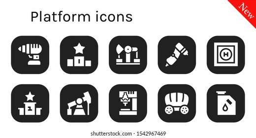 Modern Simple Set of platform Vector filled Icons. Contains such as Drill, Podium, Derrick, Helipad, Pump jack, Wagon, Gas and more Fully Editable and Pixel Perfect icons.