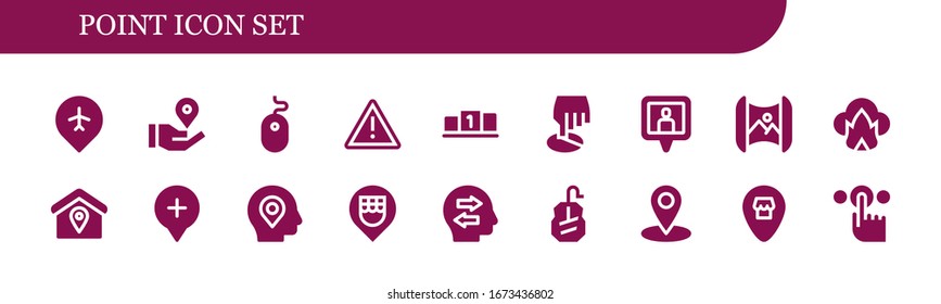 Modern Simple Set of point Vector filled Icons. Contains such as Pin, Location pin, Mouse, Warning, Position, Mapping, Dangerous and more Fully Editable and Pixel Perfect icons.