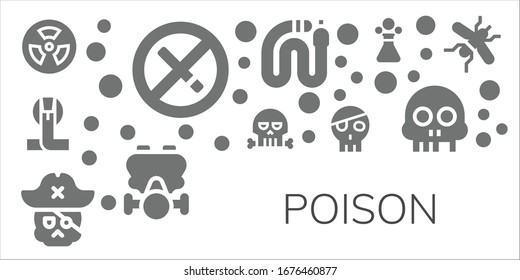Modern Simple Set of poison Vector filled Icons. Contains such as Radioactive, No smoking, Cobra, Skull, Snake, Gas mask, Poison and more Fully Editable and Pixel Perfect icons.