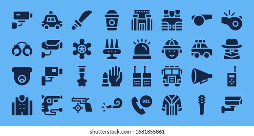 Modern Simple Set of police Vector filled Icons. Contains such as Security camera, Handcuffs, Cctv, Police station, Police car and more Fully Editable and Pixel Perfect icons.
