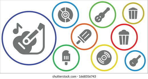Modern Simple Set of pop Vector filled Icons. Contains such as Guitar, Vinyl, Popsicle, Popcorn and more Fully Editable and Pixel Perfect icons.