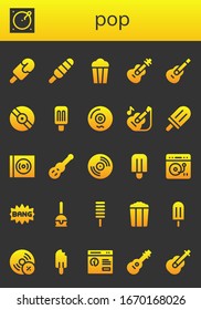 Modern Simple Set of pop Vector filled Icons. Contains such as Popsicle, Turntable, Popcorn, Guitar, Vinyl, Comic, Cake pop, Vynil and more Fully Editable and Pixel Perfect icons.