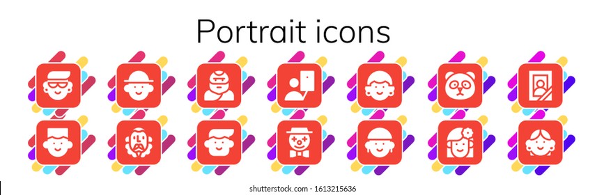 Modern Simple Set of portrait Vector filled Icons. Contains such as Avatar, Cervantes, Troglodyte, Selfie, Clown, Panda, Woman and more Fully Editable and Pixel Perfect icons.