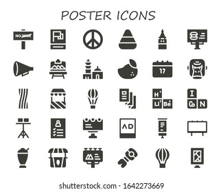 Modern Simple Set of poster Vector filled Icons. Contains such as War, Propaganda, Peace sign, Candy corn, Galata tower, Billboard and more Fully Editable and Pixel Perfect icons.