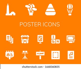 Modern Simple Set of poster Vector filled Icons. Contains such as Qutb minar, Hot air balloon, Candy corn, Billboard, Trifold and more Fully Editable and Pixel Perfect icons.