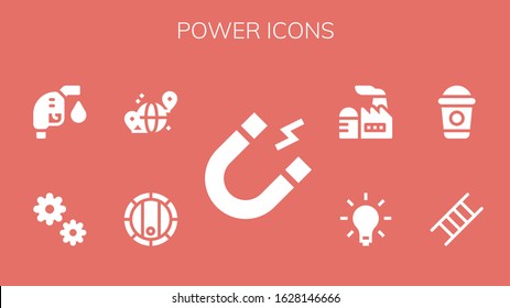 Modern Simple Set of power Vector filled Icons. Contains such as Magnet, Barrel, Grid, Cogwheel, Gas fuel, Ladder, Frappe, Light and more Fully Editable and Pixel Perfect icons.