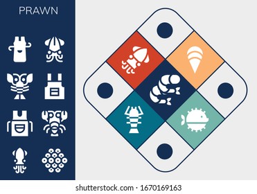 Modern Simple Set of prawn Vector filled Icons. Contains such as Shrimp, Squid, Caviar, Apron, Lobster, Clam, Puffer fish and more Fully Editable and Pixel Perfect icons.