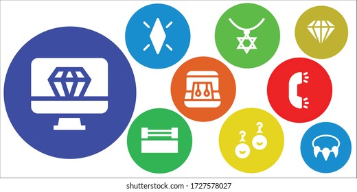 Modern Simple Set of precious Vector filled Icons. Contains such as Diamond, Necklace, Ring, Earrings and more Fully Editable and Pixel Perfect icons.
