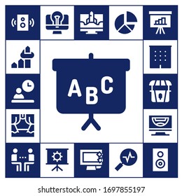 Modern Simple Set of presentation Vector filled Icons. Contains such as Speaker, Chart, Employee, Blackboard, Scene, Office, Stand and more Fully Editable and Pixel Perfect icons.