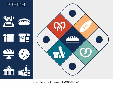 Modern Simple Set of pretzel Vector filled Icons. Contains such as Bread, Brandenburg gate, Oktoberfest, Baguette, Dirndl, Pretzel and more Fully Editable and Pixel Perfect icons.