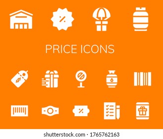 Modern Simple Set of price Vector filled Icons. Contains such as Supermarket, Discount, Gift, Gas, Barcode, Price label, Champion belt and more Fully Editable and Pixel Perfect icons.