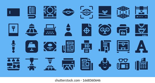 Modern Simple Set of print Vector filled Icons. Contains such as Type, Foodie, Color picker, 3d printer, Newspaper, Terrarium and more Fully Editable and Pixel Perfect icons.