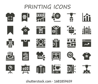 Modern Simple Set of printing Vector filled Icons. Contains such as Shirt, Bookmark, Analytics, 3d printing, 3d printer, 3d modeling and more Fully Editable and Pixel Perfect icons.