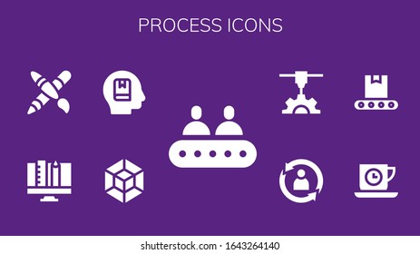 Modern Simple Set of process Vector filled Icons. Contains such as Conveyor, 3d modeling, Memorize, Graphic design, Tea time, Rotate and more Fully Editable and Pixel Perfect icons.