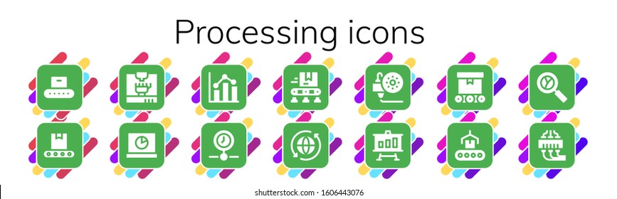 Modern Simple Set of processing Vector filled Icons. Contains such as Conveyor, 3d printing, Analytics, Processing, Sync and more Fully Editable and Pixel Perfect icons.