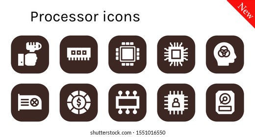 Modern Simple Set of processor Vector filled Icons. Contains such as Technology, Ram, Cpu, Microchip, Intelligence, Chips, Chip and more Fully Editable and Pixel Perfect icons.