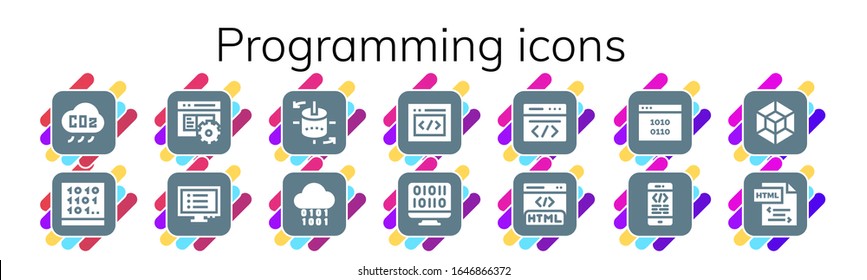 Modern Simple Set of programming Vector filled Icons. Contains such as CO cloud, Coding, Code, Program, 3d modeling, Binary, Html and more Fully Editable and Pixel Perfect icons.