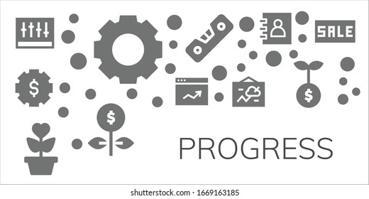 Modern Simple Set of progress Vector filled Icons. Contains such as Levels, Settings, Gear, Analytics, Growth, Chart, Level, Agenda and more Fully Editable and Pixel Perfect icons.