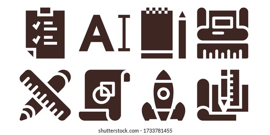 Modern Simple Set of project Vector filled Icons. Contains such as Ruler, Clipboard, Graphic design, Typography, Rocket launch and more Fully Editable and Pixel Perfect icons.
