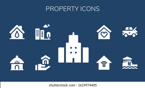 Modern Simple Set of property Vector filled Icons. Contains such as Building, House, Hut, Bungalow, Damage, Smart house, Insurance and more Fully Editable and Pixel Perfect icons.