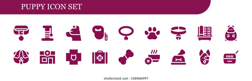 Modern Simple Set of puppy Vector filled Icons. Contains such as Collar, Scratcher, Dog, Leash dog, Pawprints, Cage, Hamster, Veterinary and more Fully Editable and Pixel Perfect icons.