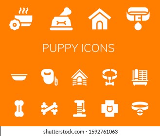 Modern Simple Set of puppy Vector filled Icons. Contains such as Bowl, Dog, Dog house, Collar, Bone, Bones, Leash dog, Scratcher and more Fully Editable and Pixel Perfect icons.