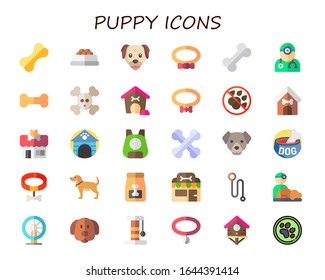 Modern Simple Set of puppy Vector flat Icons. Contains such as dog food, pet food, dog, collar, bone, veterinarian, bones, pet house and more Fully Editable and Pixel Perfect icons.