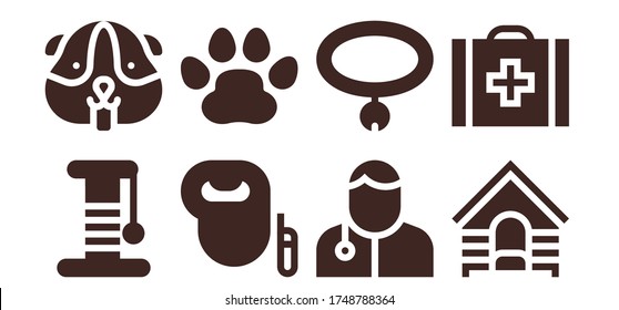 Modern Simple Set of puppy Vector filled Icons. Contains such as Scratcher, Hamster, Leash dog, Pawprints, Veterinarian, Collar and more Fully Editable and Pixel Perfect icons.