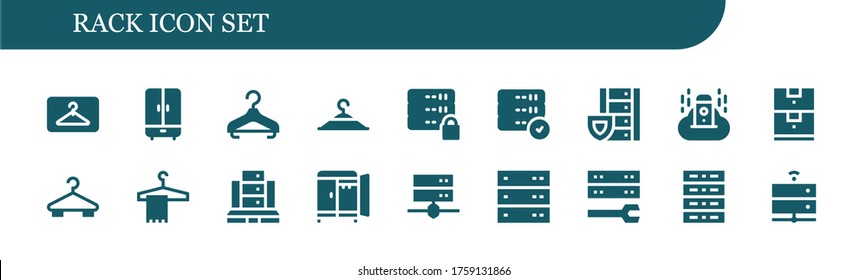 Modern Simple Set of rack Vector filled Icons. Contains such as Hanger, Wardrobe, Clothing hanger, Server, Data storage and more Fully Editable and Pixel Perfect icons.