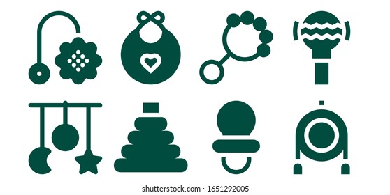 Modern Simple Set of rattle Vector filled Icons. Contains such as Crib toy, Toy, Baby bib, Dummy, Rattle and more Fully Editable and Pixel Perfect icons.