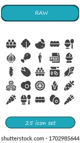 Moderno y simple conjunto de iconos rellenos de vectores crudos. Contiene como huevos, lechuga, mango, huevo hervido, cebolla, pierna de pollo, arrozal, Psd y más iconos totalmente editables y Pixel Perfect.