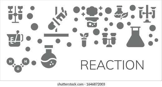 Modern Simple Set of reaction Vector filled Icons. Contains such as Chemistry, Test tube, Beaker, Molecule, Chemical reaction and more Fully Editable and Pixel Perfect icons.