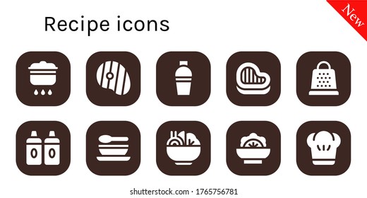 Modern Simple Set of recipe Vector filled Icons. Contains such as Cooking, Steak, Shaker, Grater, Sauces, Soup, Salad, Chef and more Fully Editable and Pixel Perfect icons.