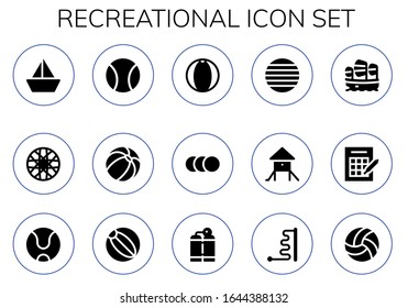 Moderno y simple conjunto de iconos recreativos llenos de vectores. Contiene como Sailboat, Spoke Wheke, Ball, Beach ball, Balls, Playground y más Completamente Editable y Pixel Perfect iconos.