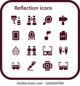 Modern Simple Set of reflection Vector filled Icons. Contains such as Responsive, Binoculars, Hand mirror, Sign, Mirror, Musical note and more Fully Editable and Pixel Perfect icons.