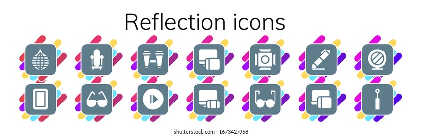 Modern Simple Set of reflection Vector filled Icons. Contains such as Mirror ball, Mirror, Glasses, Binoculars, Play, Responsive and more Fully Editable and Pixel Perfect icons.