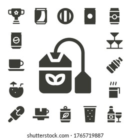 Modern Simple Set of refreshment Vector filled Icons. Contains such as Cup, Can, Coffee cup, Tea bag, Coconut water, Drinks, Bottle and more Fully Editable and Pixel Perfect icons.