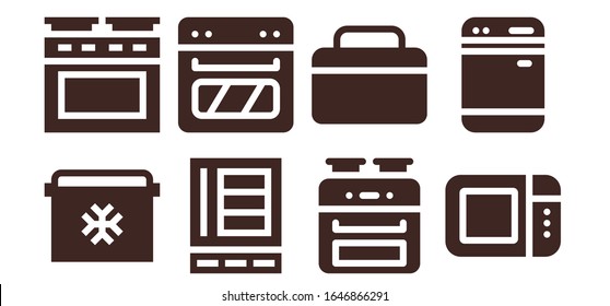 Modern Simple Set of refrigerator Vector filled Icons. Contains such as Fridge, Oven, Refrigerator, Microwave oven, Dishwasher and more Fully Editable and Pixel Perfect icons.