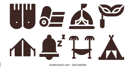 Modern Simple Set of relaxation Vector filled Icons. Contains such as Tent, Flippers, Snooze, Yoga, Hammock, Eye mask and more Fully Editable and Pixel Perfect icons.