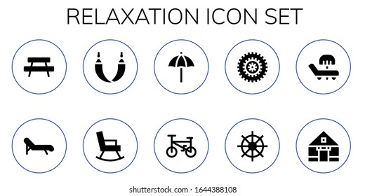 Modern Simple Set of relaxation Vector filled Icons. Contains such as Bench, Deck chair, Hammock, Rocking chair, Beach umbrella and more Fully Editable and Pixel Perfect icons.