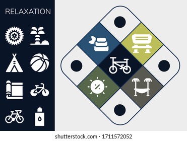 Modern Simple Set of relaxation Vector filled Icons. Contains such as Bicycle, Body oil, Carpet, Tent, Beach ball, Coconut tree and more Fully Editable and Pixel Perfect icons.