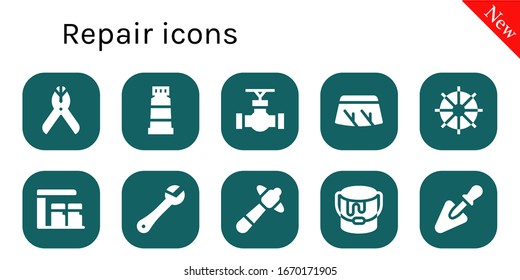 Modern Simple Set of repair Vector filled Icons. Contains such as Pliers, Paint, Pipe, Windshield, Steering wheel, Gas station and more Fully Editable and Pixel Perfect icons.